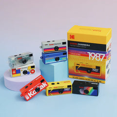 Kodak Charmera toy camera set with colorful packaging on a light blue background