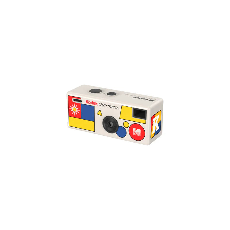 Vintage-style Kodak camera with colorful design on a white background