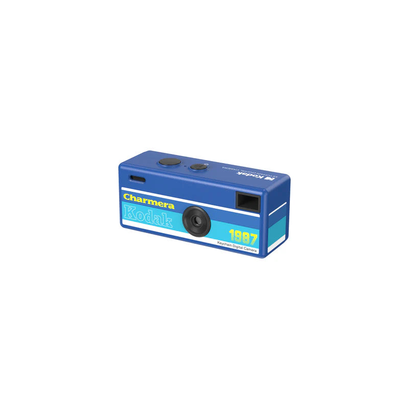 Blue and turquoise Charmera instant camera on a white background